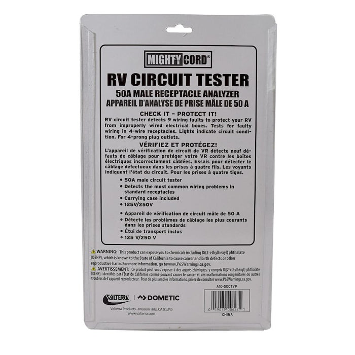 Valterra Mighty Cord 50 Amp RV Circuit Tester package back label with wiring fault specs | United RV Parts