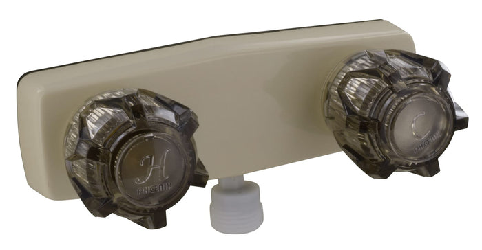 Biscuit Valterra Phoenix 4" RV Shower Valve with Smoke Knobs - Front Angle | United RV Parts