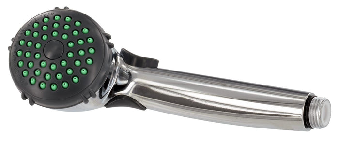 Chrome Handheld RV Shower Head with Green Spray Nozzles - Side View | United RV Parts
