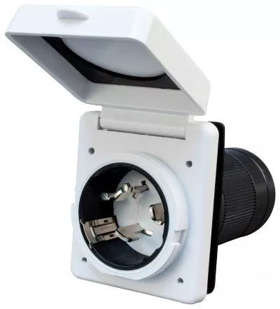 White Valterra 50 Amp RV Power Inlet A10-50INVP - Open Cover Front View | United RV Parts