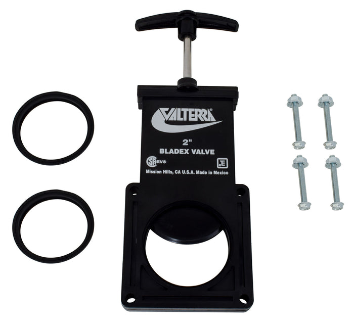 Black ABS Valterra T1002VP Waste Valve with Hardware Kit - Flat Lay | United RV Parts