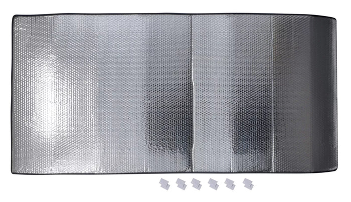 Silver Reflective RV Window Cover 62x30 with Mounting Clips - Flat Lay | United RV Parts