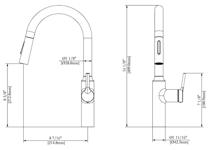 Valterra PF231365 RV Kitchen Faucet Dimension Diagram - 16.1in Height, 8.4in Reach | United RV Parts