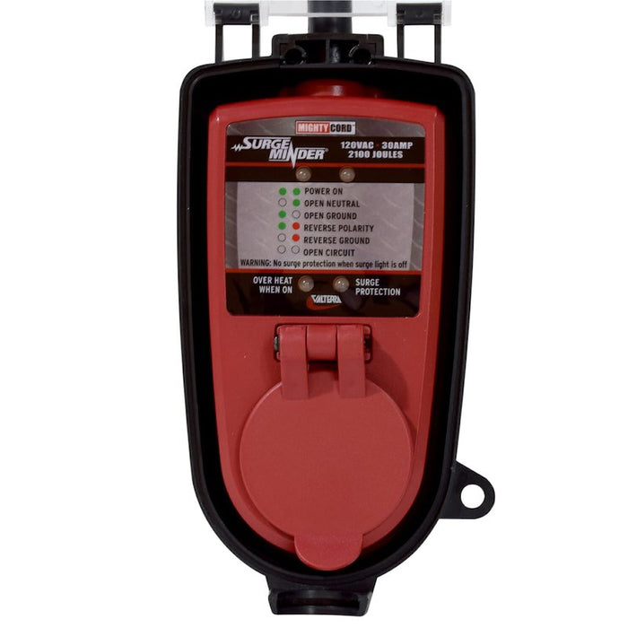 Red Valterra SurgeMinder 30A RV Surge Protector - Front View with LED Indicators | United RV Parts