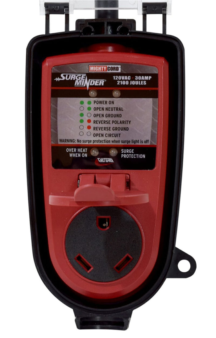 Red Valterra SurgeMinder 30A RV Surge Protector - Front View with Outlet Detail | United RV Parts