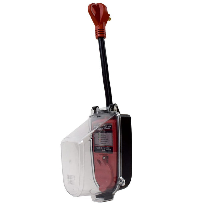 Red Valterra SurgeMinder 30A RV Surge Protector with Clear Weather Cover - Side View | United RV Parts