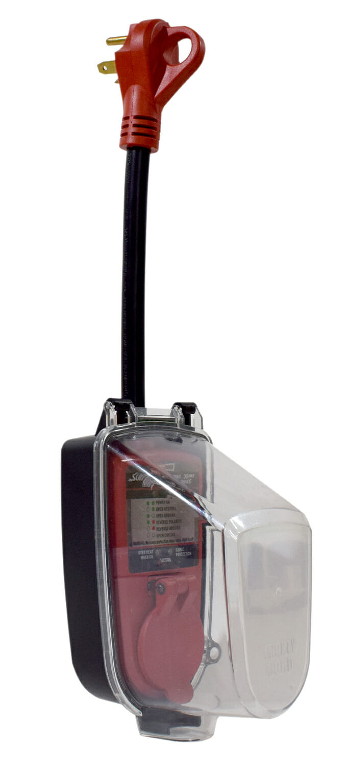 Red Valterra SurgeMinder 30A RV Surge Protector with Weather Cover - Angle View | United RV Parts