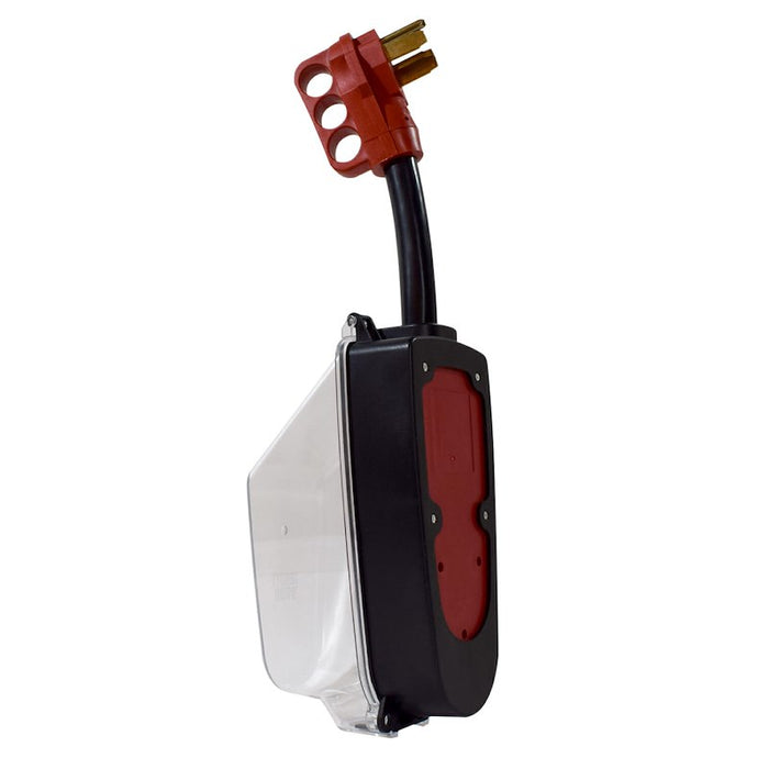 Red Black Valterra SurgeMinder 50A Surge Protector - Side Angle with Weather Cover | United RV Parts