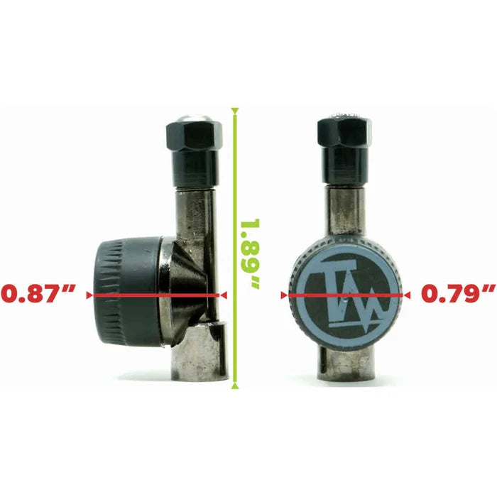 TireMinder Flow-Through TPMS Transmitter Dimensions 1.89in x 0.87in - Side and Front View | United RV Parts