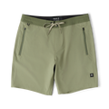 Dusty sage Venture Hybrid Trunk with drawstring waist, zippered side pockets, and black inner waistband displayed flat lay