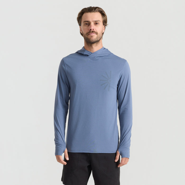 Versatile long-sleeved active shirt with a hood and pocket, perfect for adventure and travel, featured in Roark's unique NEP texture.