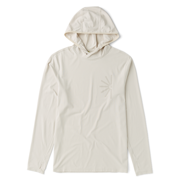 Long-sleeved white hoodie with a relaxed fit, designed for adventure and comfort by Roark.