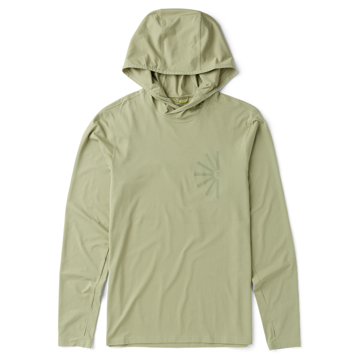 Long-sleeved hooded T-shirt designed for outdoor adventures and travel, featuring the Roark logo
