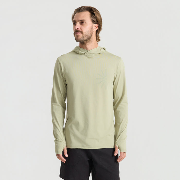Long-sleeved t-shirt with hood and adjustable waist, perfect for outdoor adventures and travel by Roark.