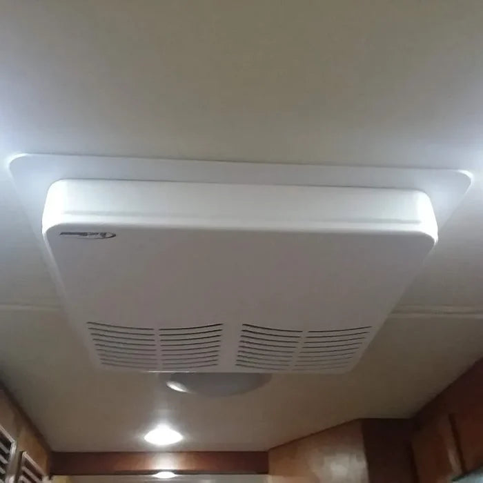 White Coleman RV Air Conditioner Silencer CA200 with CT204 Trim Ring Installed on RV Ceiling | United RV Parts