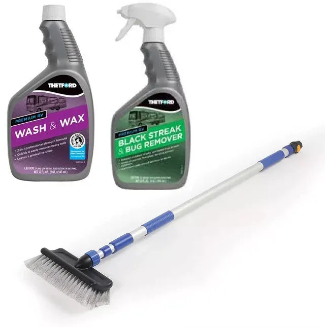 Thetford RV Wash and Wax Bundle - Flat Lay with Flow-Through Brush and Black Streak Remover | United RV Parts