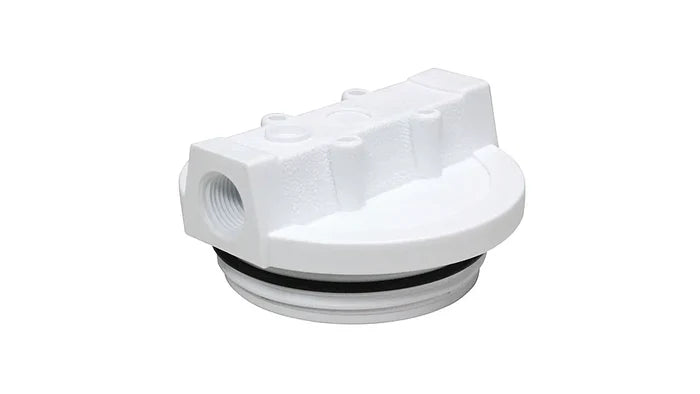 White Plastic WaterPur CAP-CL Filter Housing Cap with O-Ring - Angled Front View | United RV Parts