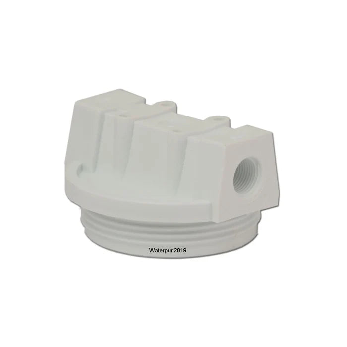 White Plastic WaterPur CCI-10-CLW Replacement Housing Cap Showing Threaded Port - Side Angle | United RV Parts