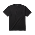Close-up of a black Roark active shirt emphasizing durable textile and sleek design, ideal for adventure and travel.