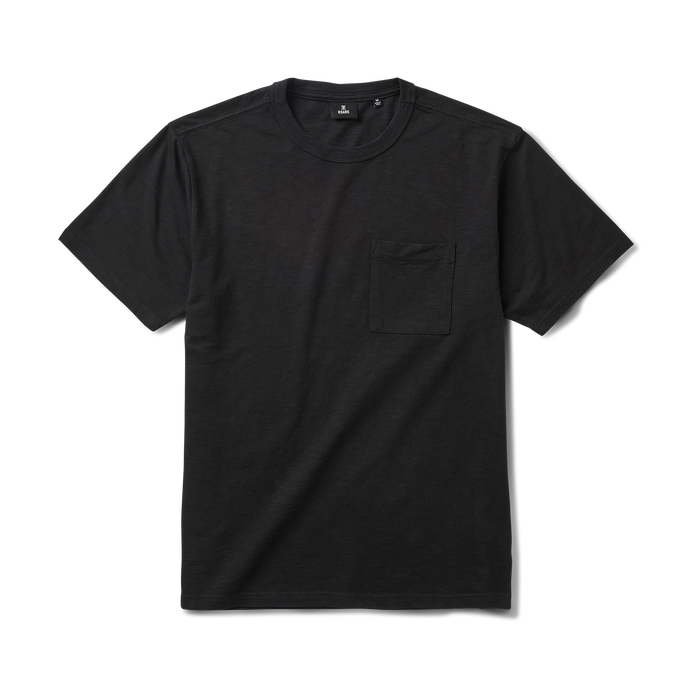 Close-up of a black Roark active shirt emphasizing durable textile and sleek design, ideal for adventure and travel.