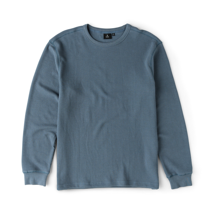 Slate blue thermal long sleeve tee with textured waffle knit fabric and ribbed crew neckline, displayed on flat lay against white background