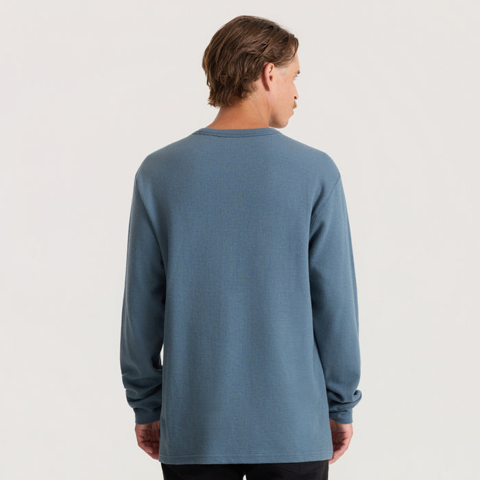 Well Worn Thermal Long Sleeve Tee in slate blue worn by model shown from back view against neutral background