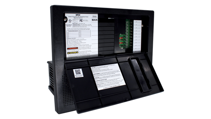 Black WFCO WF-8935-AD Power Center - Open Interior View with Circuit Breakers | United RV Parts