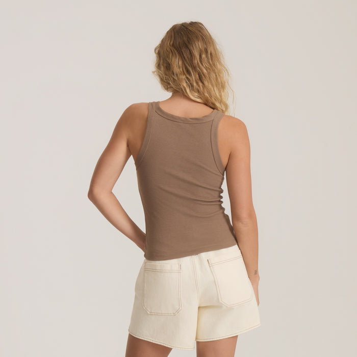 Wind Worn Tank Top in mocha brown worn by model from behind, paired with cream denim shorts
