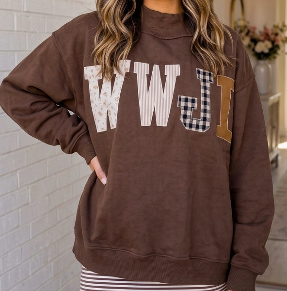 WWJD Plaid Striped Floral Mock Neck Sweatshirt
